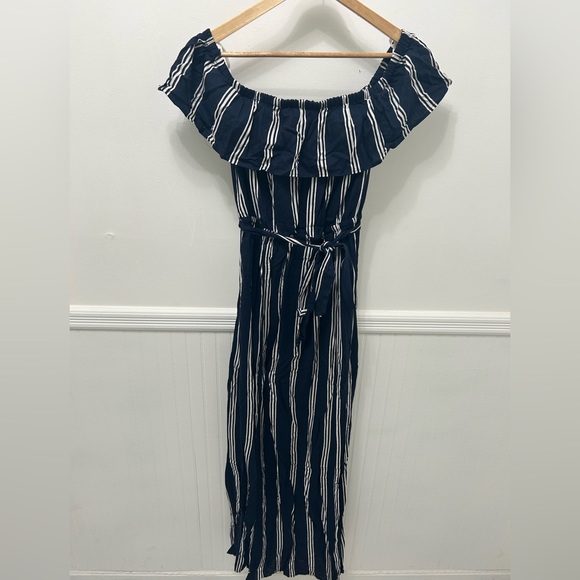 express blue and white striped dress Striped V-neck Sleeveless Ruched Side Tie Midi Dress